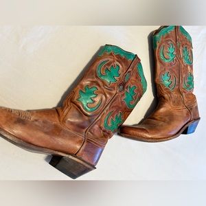 Brown leather and teal cowboy boots